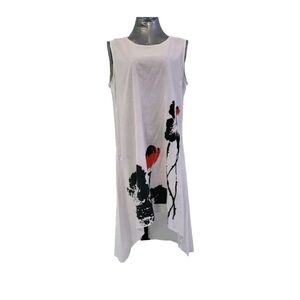 Sleeveless White Dress with Black and Red Floral Design